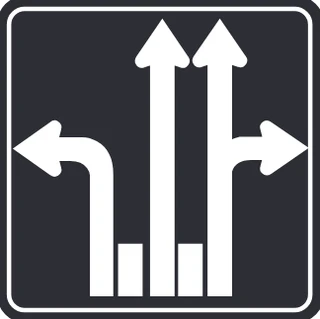 Left lane turn left, centre lane straight, right lane straight or turn right