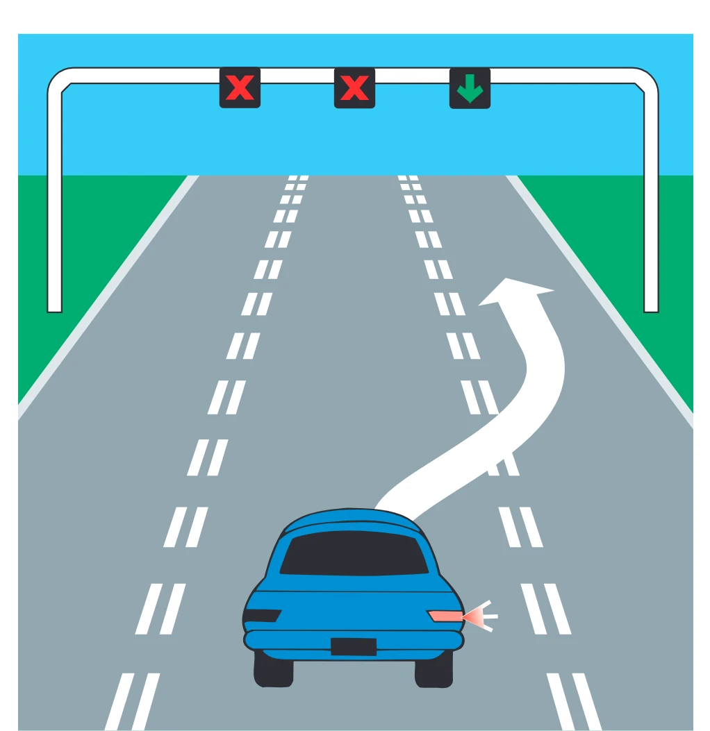 Vehicle moving from red X lane to green arrow lane
